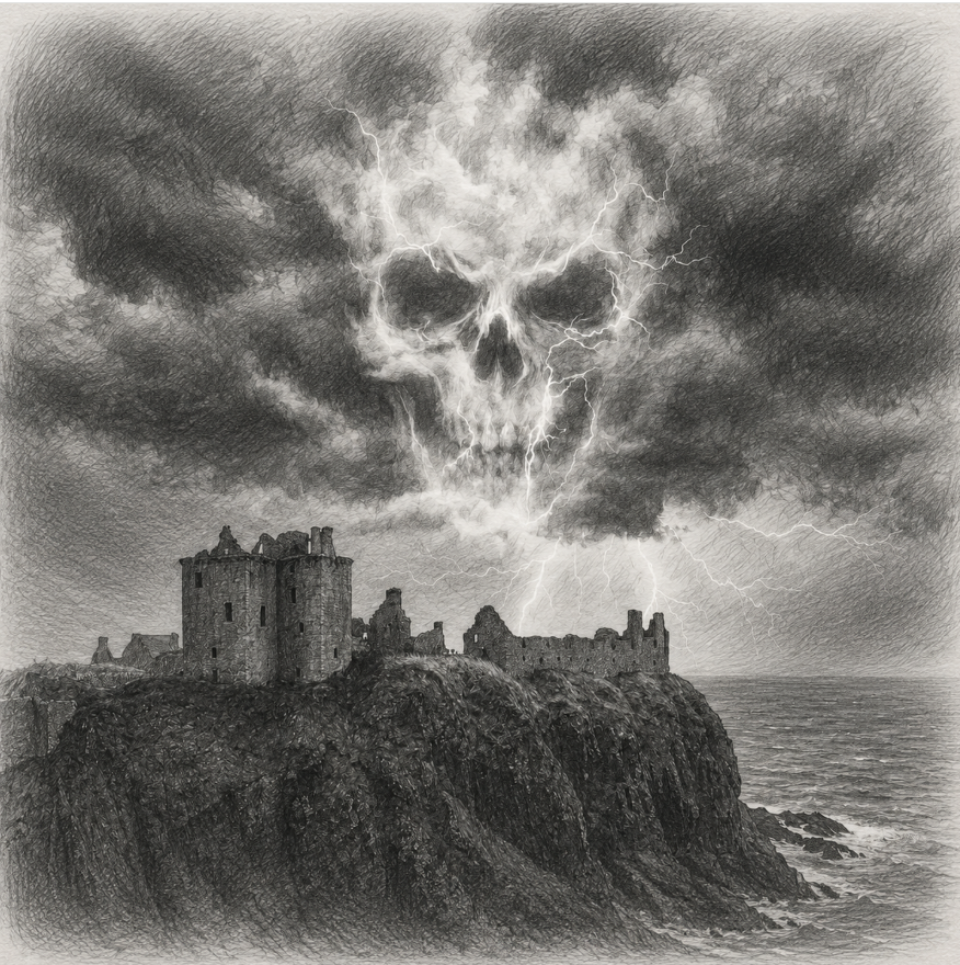 A black and white sketch of a castle on a rocky cliff with stormy clouds and a lightning bolt forming a skull shape in the sky over the ocean.