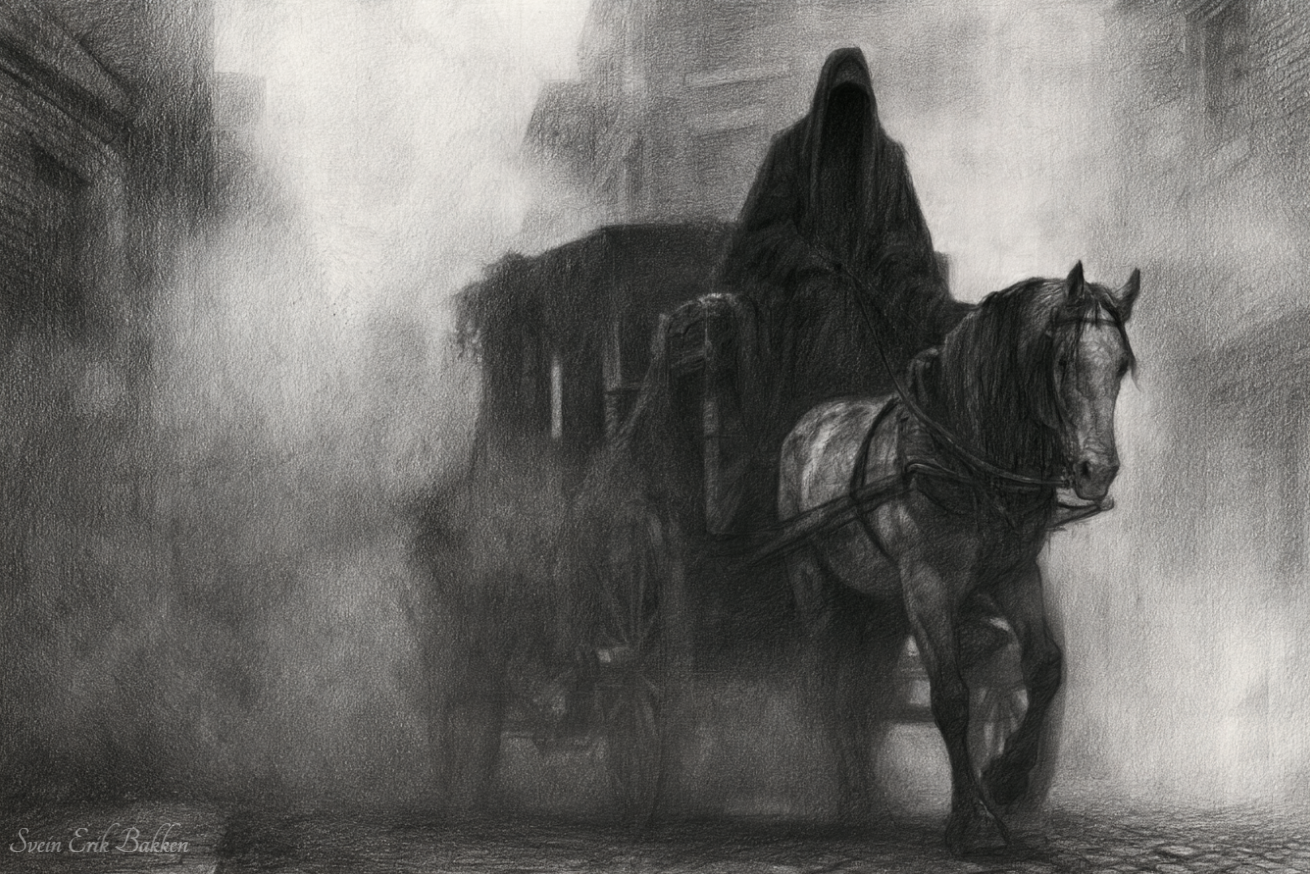 A black-and-white drawing of a horse-drawn wagon traveling through a foggy street at night.