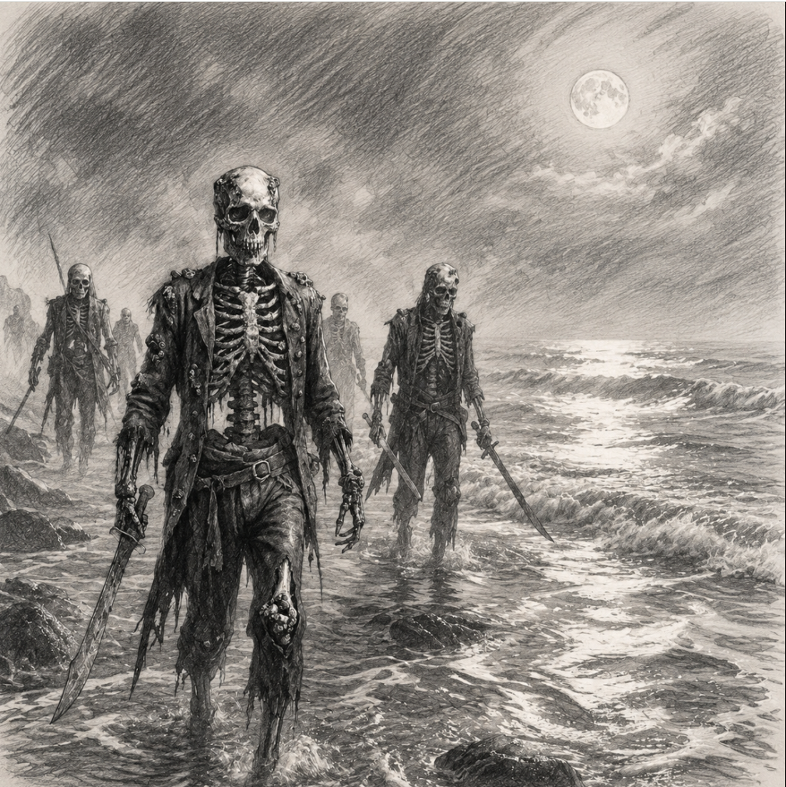 A group of skeleton pirates with tattered clothing and weapons walking through the ocean at night under a full moon.