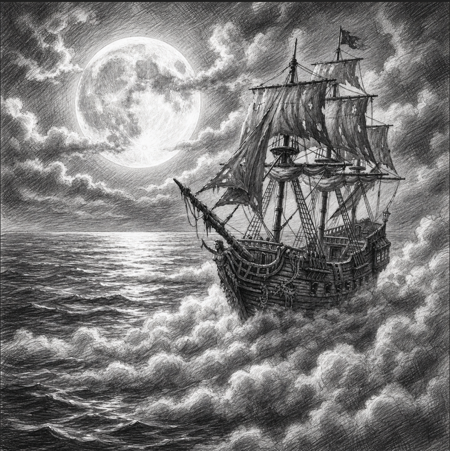 A detailed black and white drawing of a sailing ship navigating through rough seas at night under a full moon, with clouds partially covering the sky.