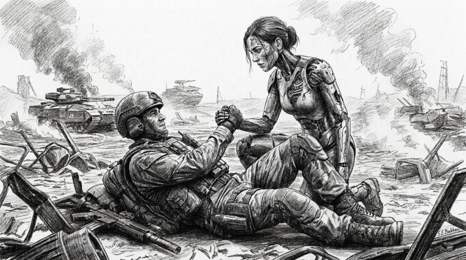Black and white drawing of a soldier and a robotic woman in a war-torn landscape with destroyed vehicles and smoke in the background. The soldier is sitting on the ground wearing military gear and the robotic woman is kneeling, holding his hand.