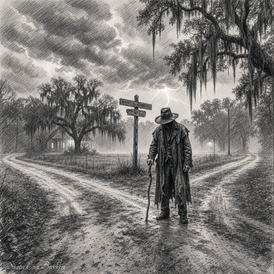 A black and white drawing of a spooky scene with a man dressed in tattered clothing, wearing a wide-brimmed hat, holding a walking stick, standing at a crossroads. The sky is dark with lightning, and there are trees draped with Spanish moss and a house in the background. The street signs indicate the intersection of Mayfield Corners and another street.