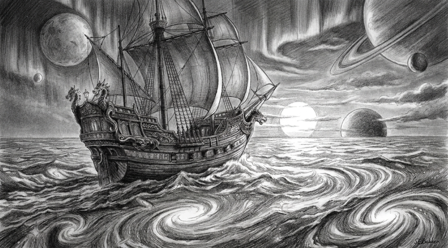 A detailed black and white drawing of a vintage sailing ship with ornate decorations on the prow, navigating through turbulent ocean waters under a dramatic sky filled with multiple planets and moons, and a bright sun near the horizon.