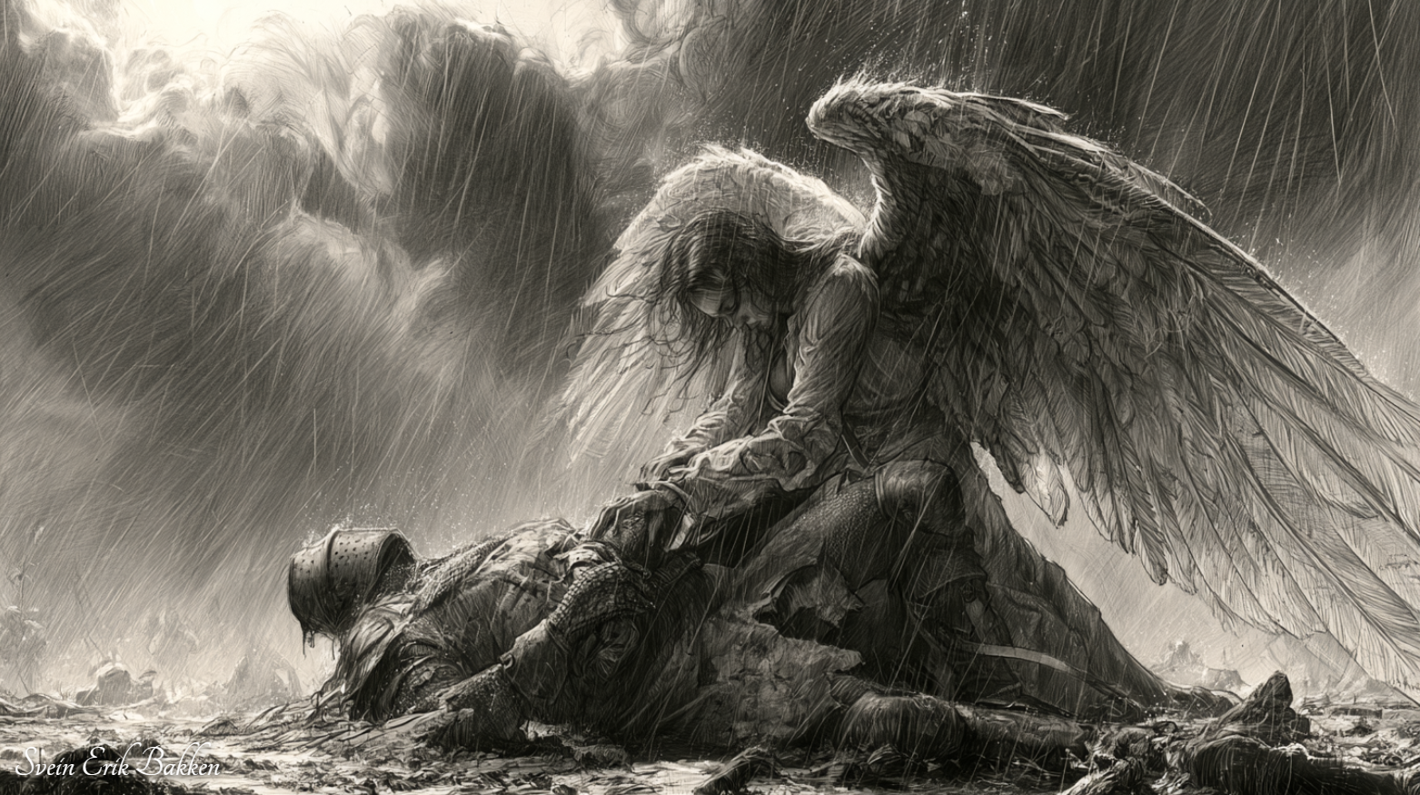 A black and white illustration of an angel with large wings kneeling and holding onto a fallen soldier during a storm, with dark clouds and rain in the background.