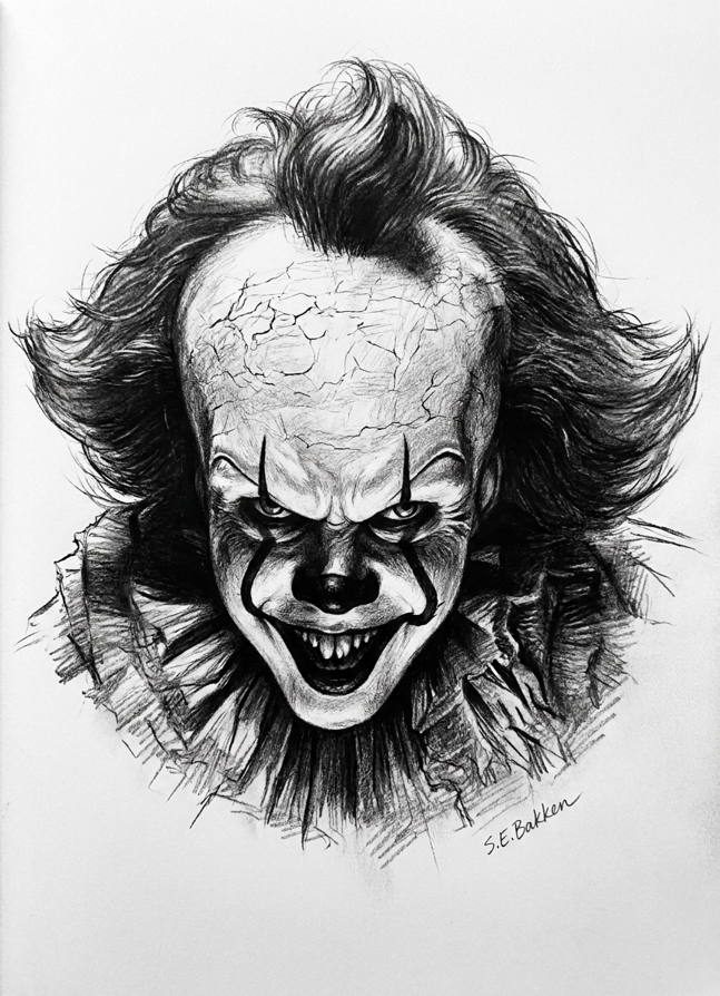 Black and white sketch of Pennywise, the clown from IT, with a menacing expression and sharp teeth.