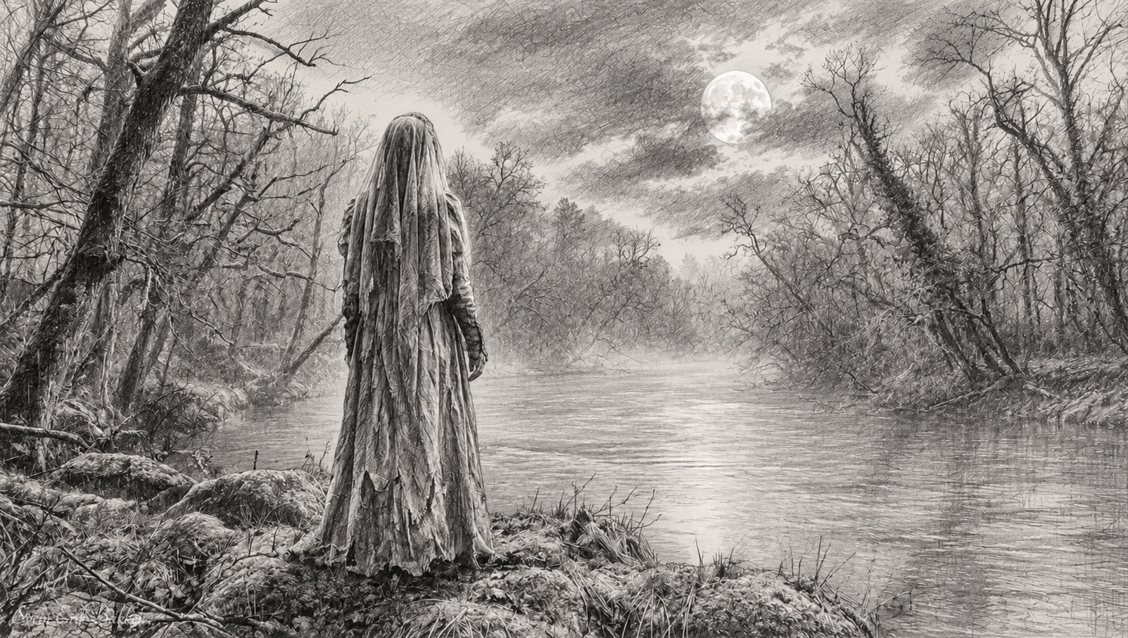 A grayscale painting of a ghostly figure with long, tattered robes standing at the edge of a river in a dark, barren forest under a full moon.