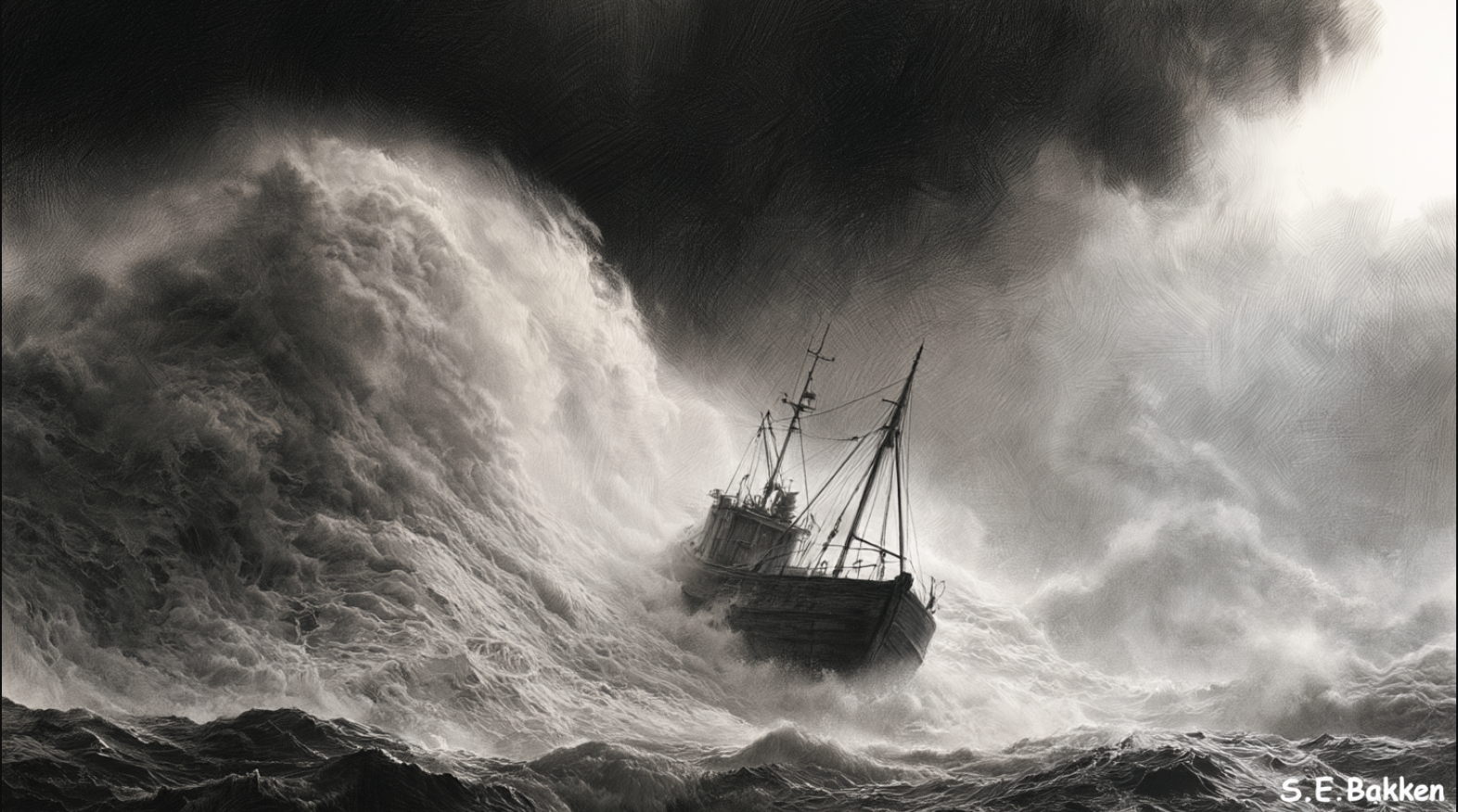 A boat struggling against large, stormy waves in rough seas with dark clouds overhead, creating a dramatic maritime scene.