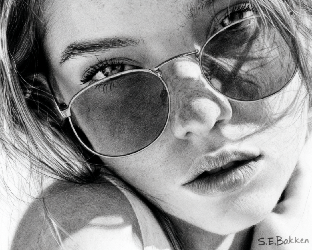 Close-up black and white photo of a woman wearing sunglasses with reflection in the lenses, looking at the camera.