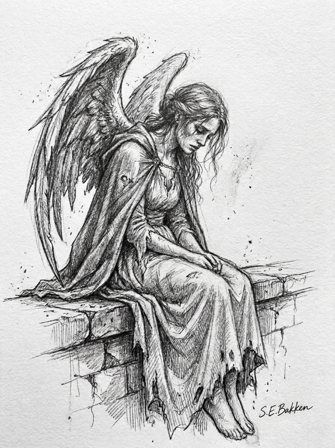 A black and white sketch of a sad angel sitting on a brick ledge, with tattered clothing and large feathered wings, looking down with a somber expression.