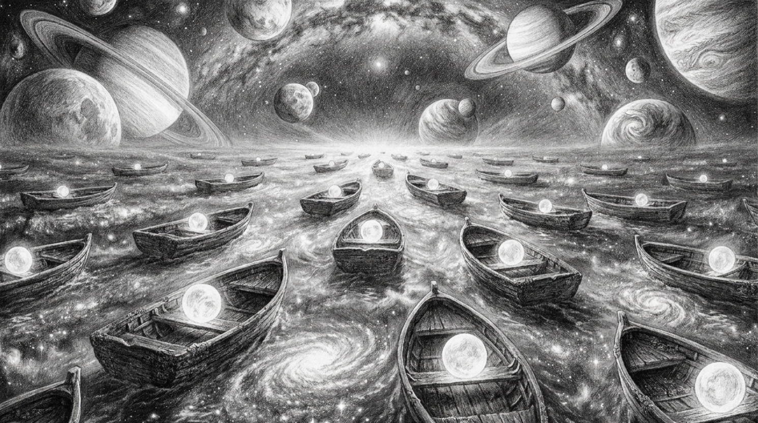 A surreal black and white depiction of numerous small boats floating on a galaxy-filled ocean, each boat contains a glowing orb. In the background, large planets with rings and swirling clouds float in space, creating an otherworldly scene.