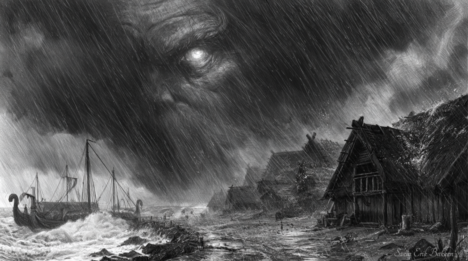 A stormy scene with dark clouds and heavy rain over a coastal village. There are warships with swan-shaped prows in rough seas, and wooden houses built on stilts along the shoreline. A large face appears in the stormy sky, blending with the clouds.