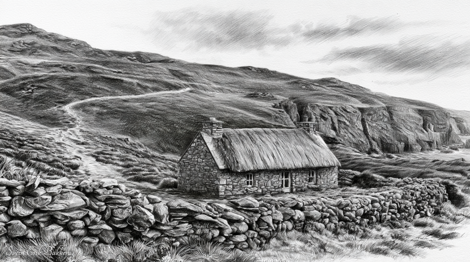 A black and white drawing of a stone cottage with a thatched roof in a hilly landscape, surrounded by a stone wall and grassy terrain.