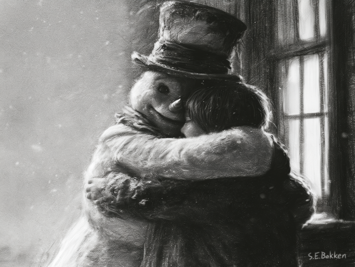 A snowman with a carved face, wearing a top hat, hugs a boy near a window during snowfall.