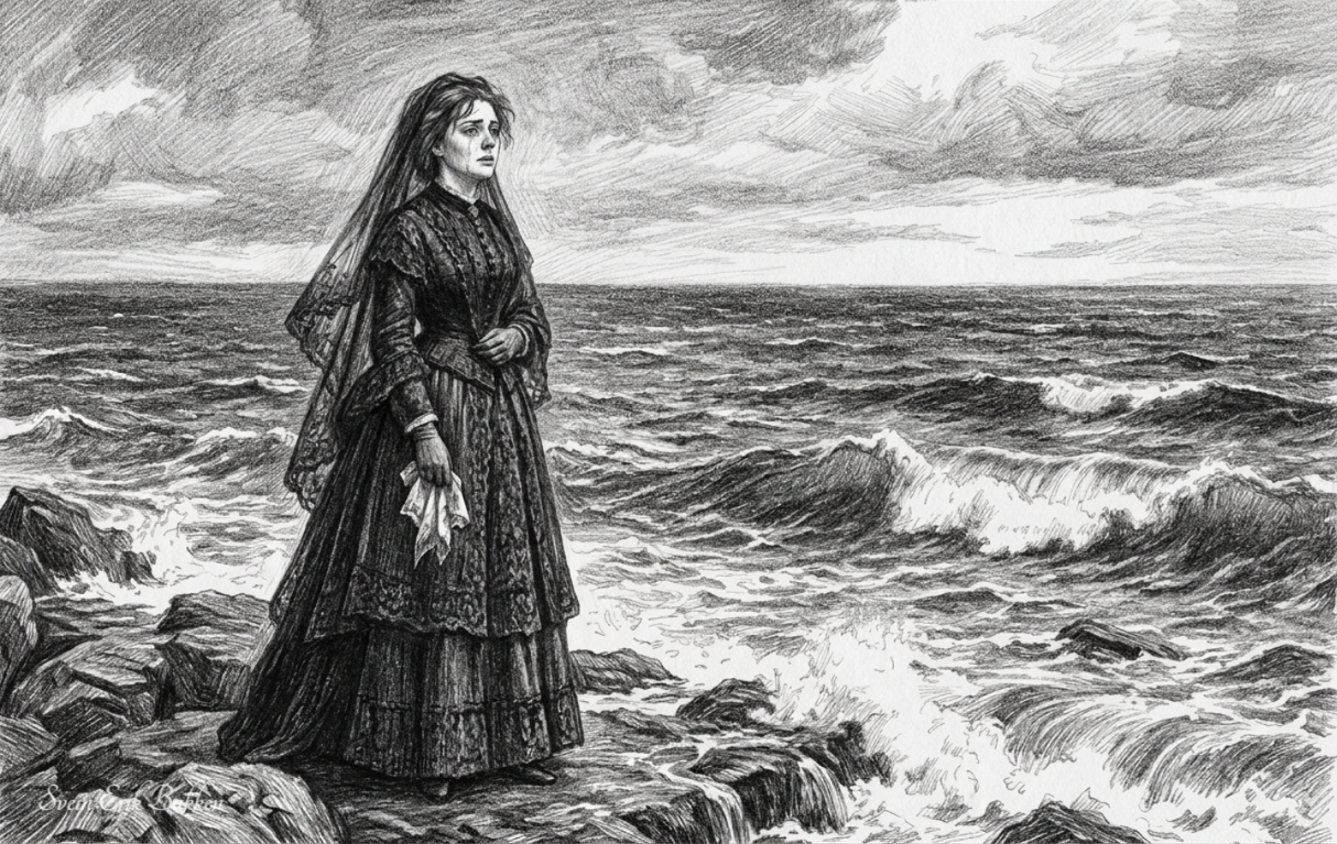 A black and white drawing of a woman in Victorian dress standing on rocks by the sea, facing the ocean with stormy clouds overhead.