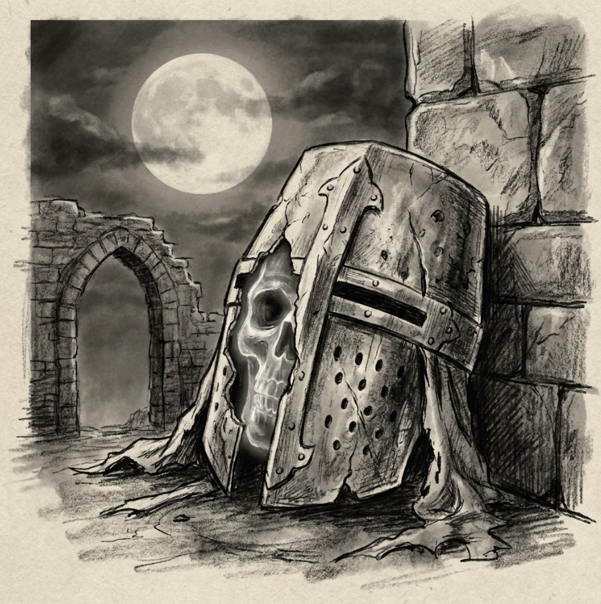 A skull with a glowing eye embedded in an ancient, weathered knight's helmet, leaning against a stone wall in a dark, moonlit landscape with ruins and a full moon.