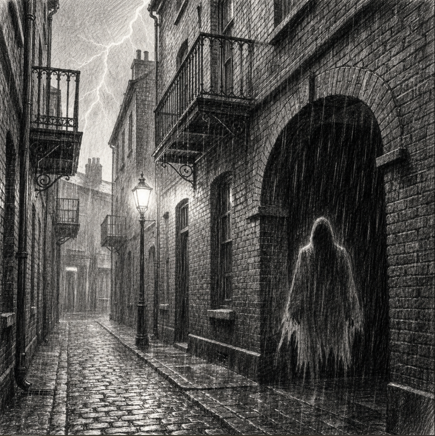 A dark, rainy alleyway with cobblestone pavement, brick buildings with balconies, a lamppost illuminating the street, and a mysterious hooded figure in a glow outlined in the archway to the right. Lightning strikes in the stormy sky above.