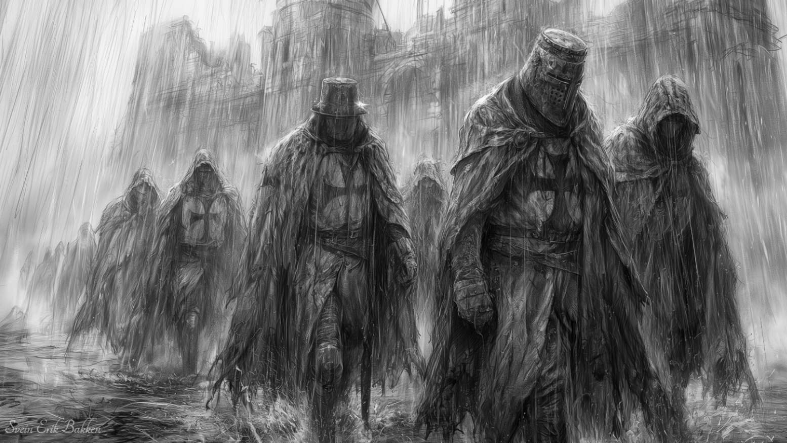 A black and white artistic depiction of figures in tattered cloaks and helmets walking through a rainy, foggy environment with ruins or dilapidated structures in the background.