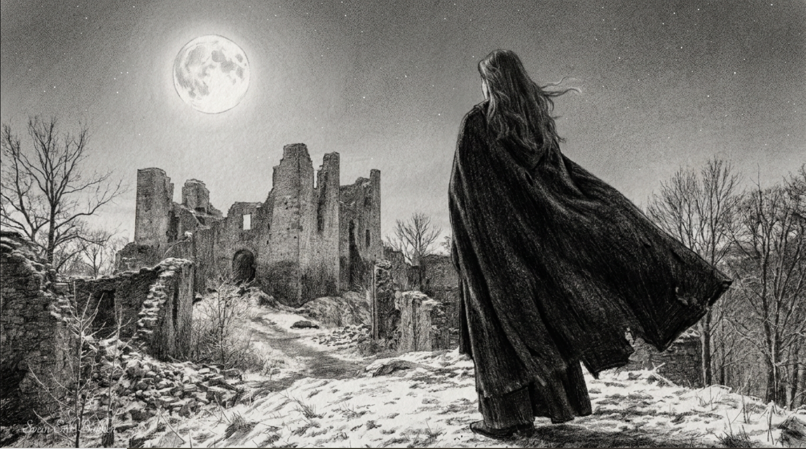 A woman wearing a long dark cloak stands in a snowy landscape, gazing at a full moon and the ruins of an old stone castle among leafless trees.