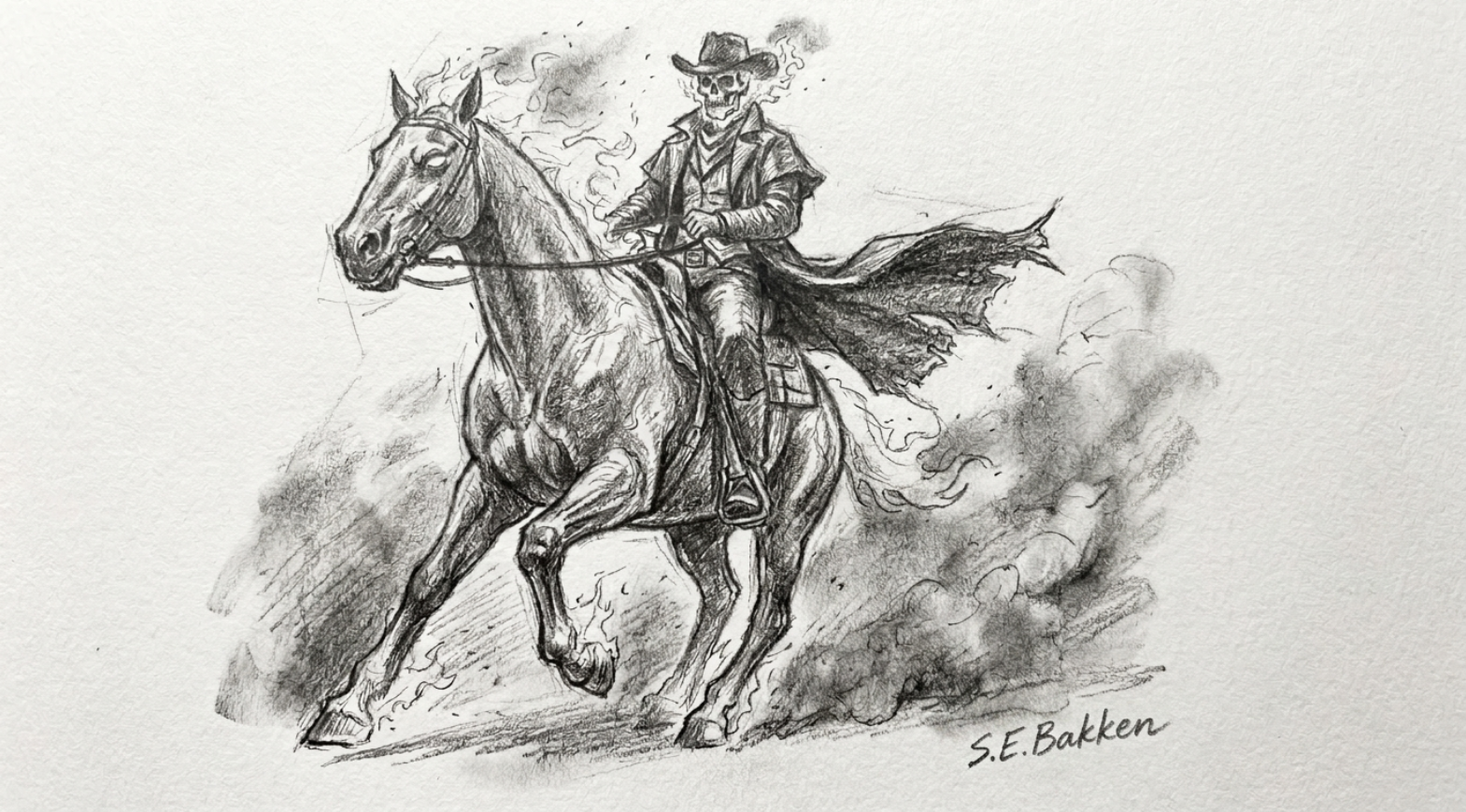 Sketch of a cowboy riding a bucking horse, with a skull face and tattered cape, surrounded by smoke or dust, signed by S.E. Bakken.