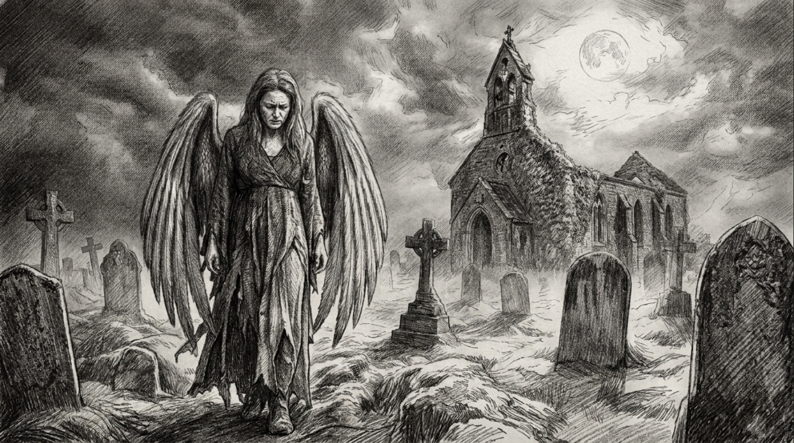 A dark, stormy graveyard scene with a weeping angel with large wings walking among tombstones, a ruined church with a steeple in the background under a full moon, and a cloudy sky.