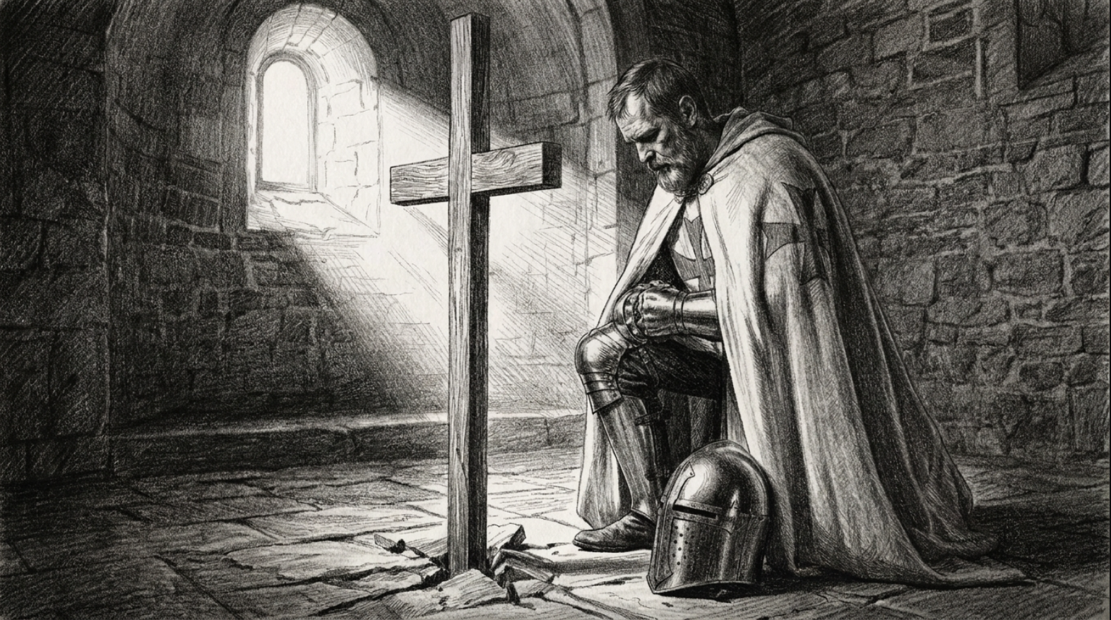 A knight in armor kneeling with head bowed in a stone church, illuminated by light from a small window, beside a wooden cross, with a helmet on the ground.