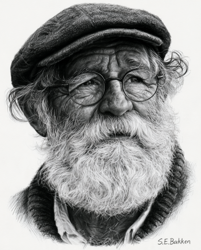 Black and white portrait of an elderly man with a full white beard, wearing round glasses, a beret, and a hoodie.