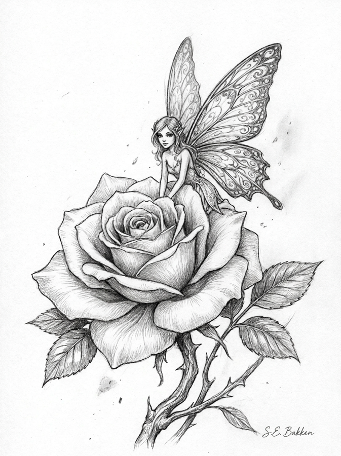 A detailed black and white sketch of a fairy with butterfly wings sitting on a large rose flower, with leaves and a thorny stem, signed by S.E. Bakken.