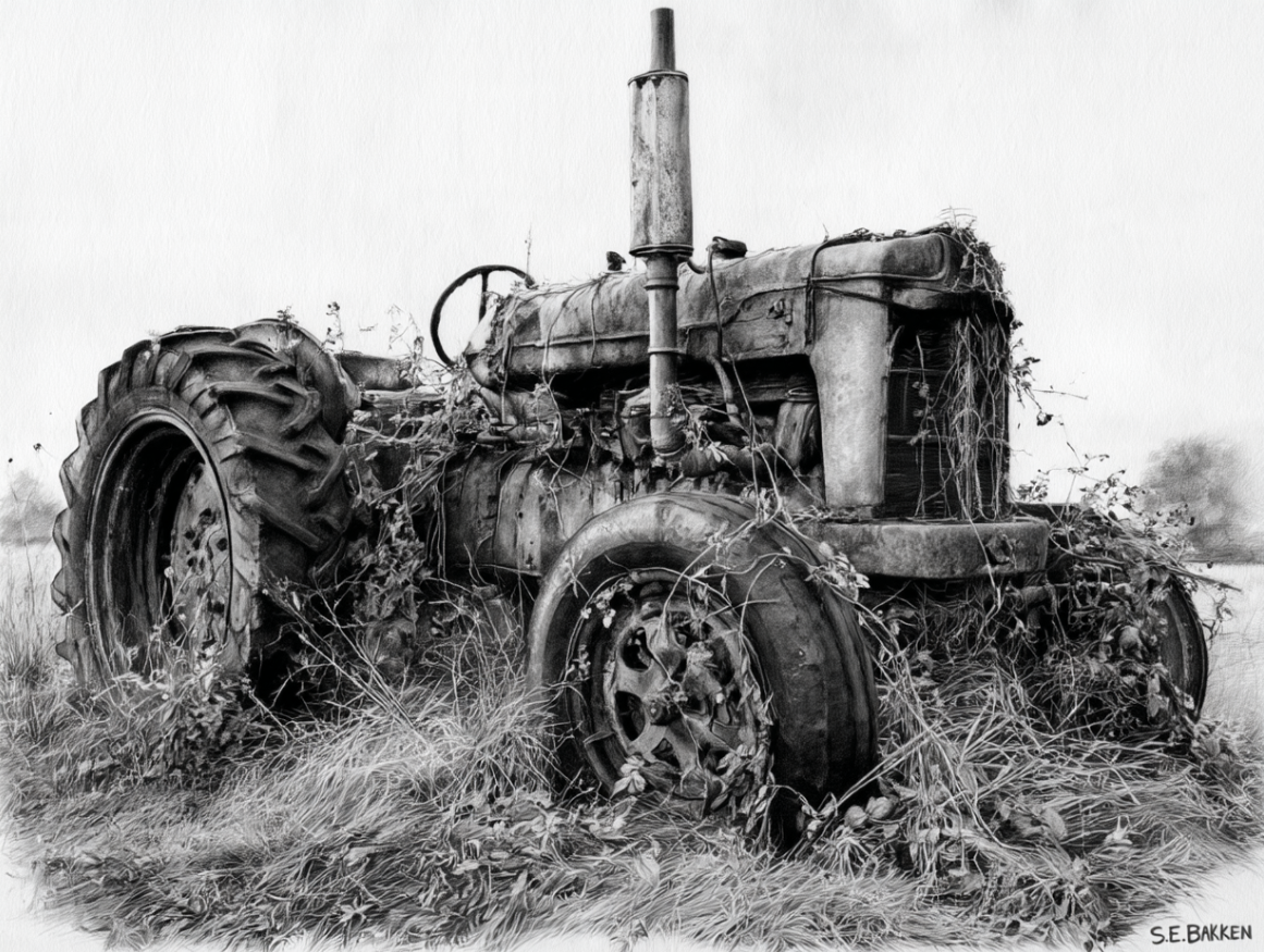 A black-and-white drawing of an old, abandoned tractor with rusty, overgrown tires and vines climbing on it, sitting in a field.