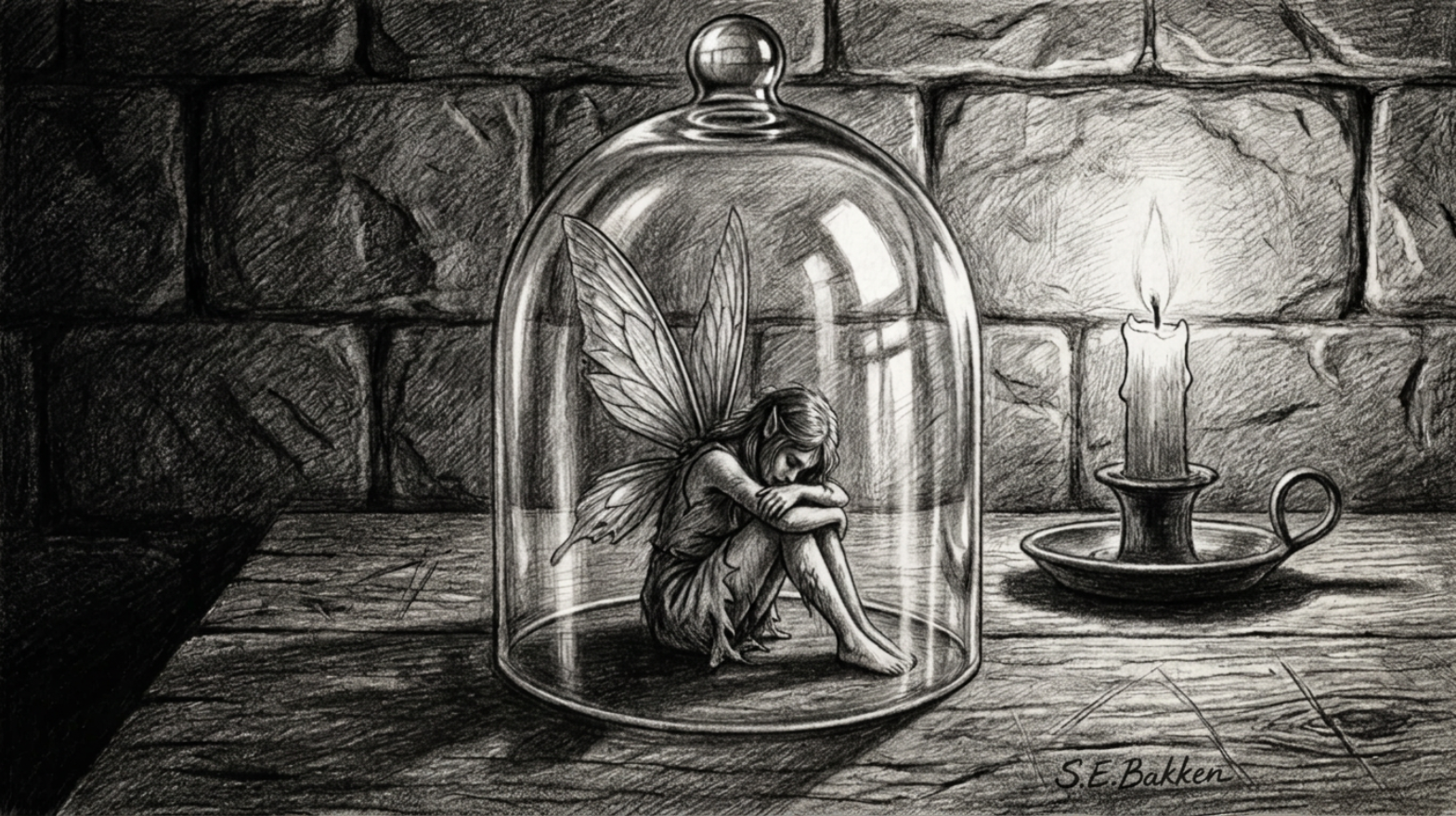 A black-and-white drawing of a young fairy with wings, sitting inside a glass dome on a wooden surface. The fairy appears sad, with her arms wrapped around her knees. To the right of the dome, there is a lit candle on a holder, casting light onto the scene. In the background, there is a brick wall. The drawing is signed by S.E. Bakken.