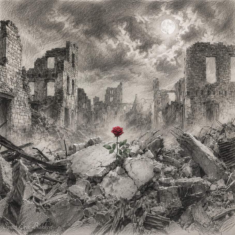 A red rose growing amidst rubble and ruins of buildings in a war-torn city under a cloudy night sky with a full moon.