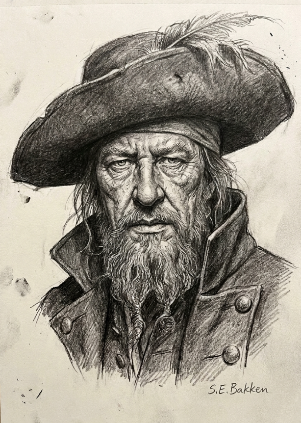 A detailed black-and-white drawing of a man dressed as a pirate, wearing a large wide-brimmed hat with a feather, a coat with prominent buttons, and sporting a long beard and mustache. The signature 'S.E. Bakken' is at the bottom right corner.