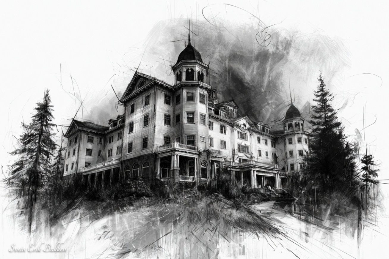 A black-and-white artistic sketch of a large, multi-story historic mansion with turrets and a wraparound porch surrounded by tall trees, with a dark, dramatic sky in the background.