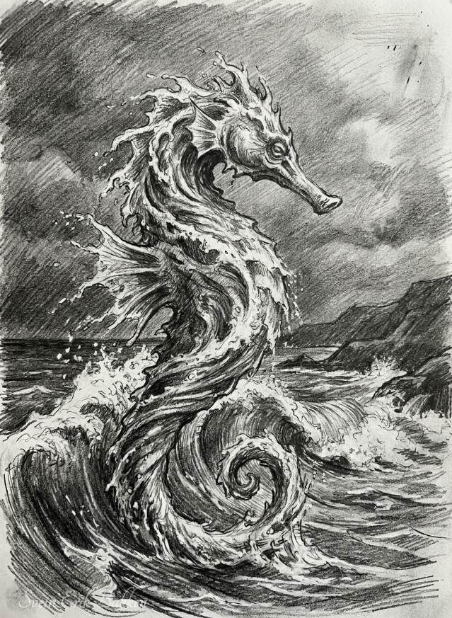 A detailed black and white drawing of a seahorse with a dragon-like appearance, emerging from turbulent ocean waves with rocky cliffs in the background.