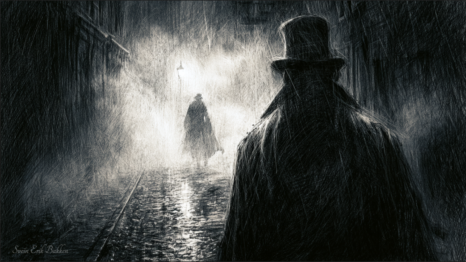 A black and white illustration of two figures on a rainy night. One figure is in the foreground with a tall hat and coat, seen from behind. The other figure is in the distance, walking away, with a rain-soaked street and dim streetlights.