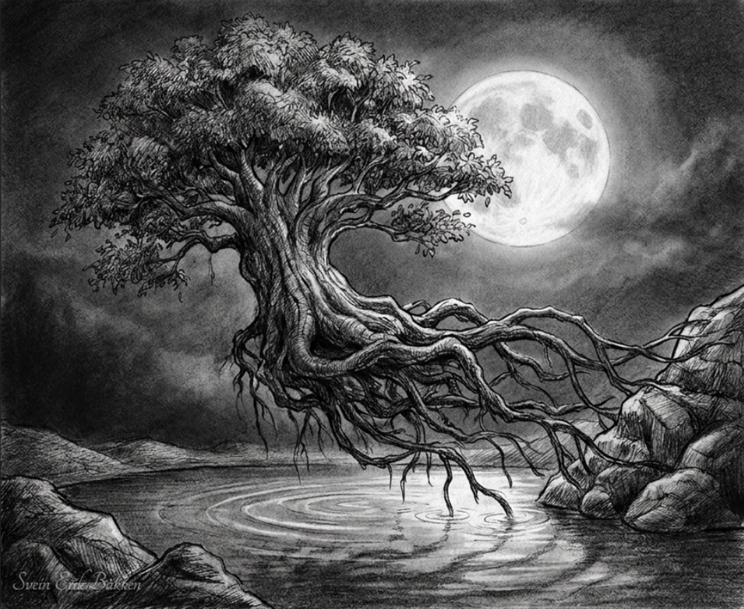 A black and white drawing of a large, twisted tree with roots hanging over a body of water, under a full moon in the night sky.