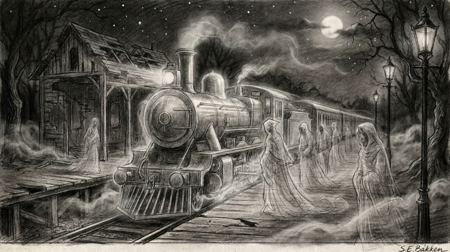 A black and white illustration of a vintage steam train at night with ghostly figures of women in old-fashioned dresses and veils waiting on the platform, moon illuminating the scene, and barren trees and street lamps in the background.