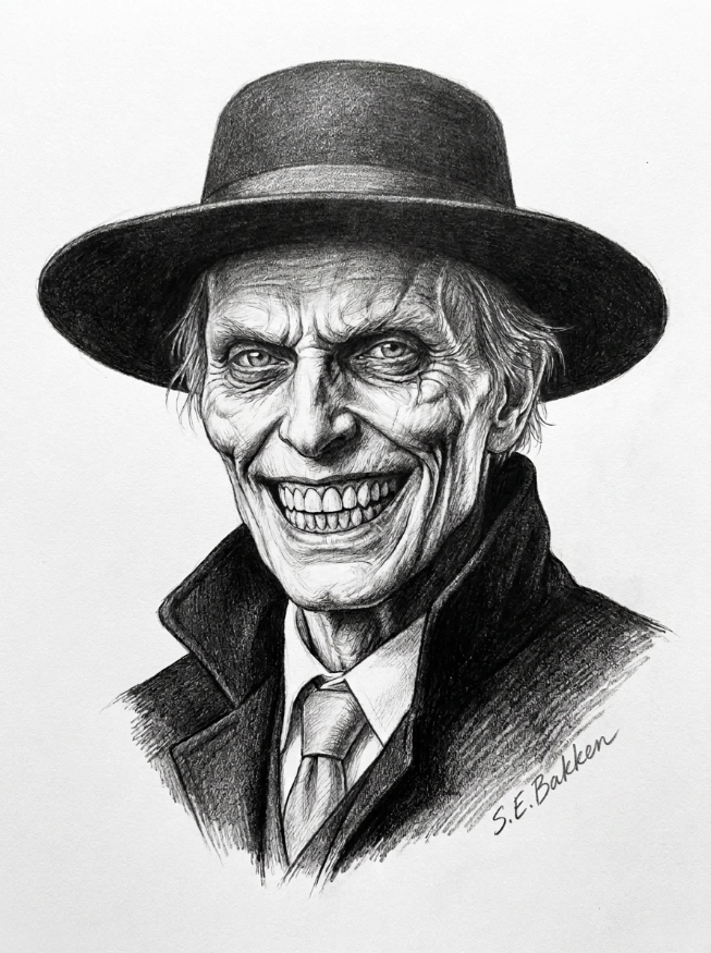A black-and-white drawing of a man wearing a fedora hat, a collared shirt, a tie, and a dark coat, smiling with visible teeth.