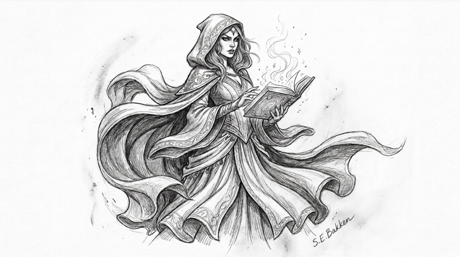 A black and white sketch of a female wizard wearing a flowing robe and hood, holding an open spellbook with magical smoke and sparkles emanating from it.