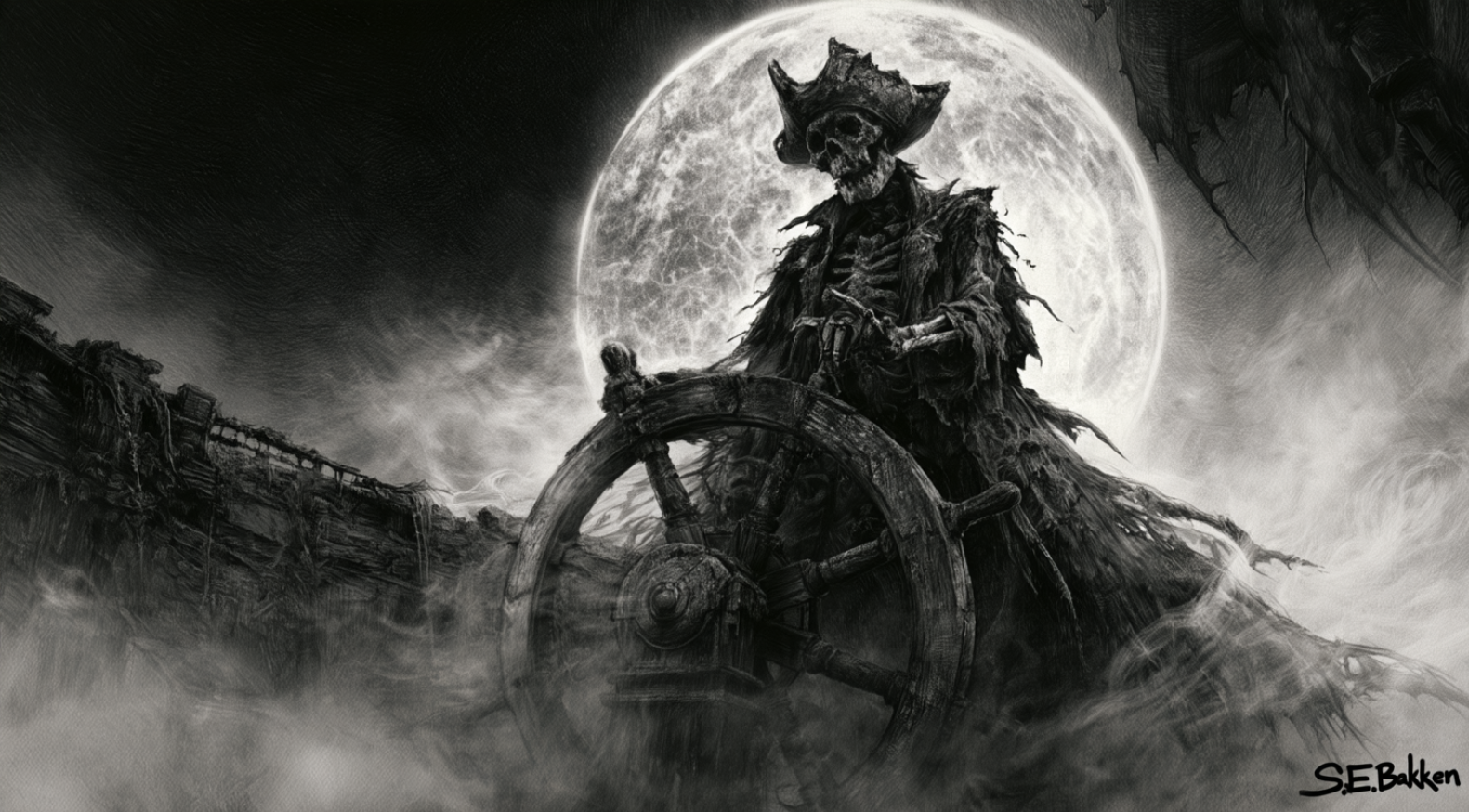 A large skeletal pirate figure with a skull face wearing a pirate hat, standing behind a ship's steering wheel, with a full moon in the background and a foggy landscape.