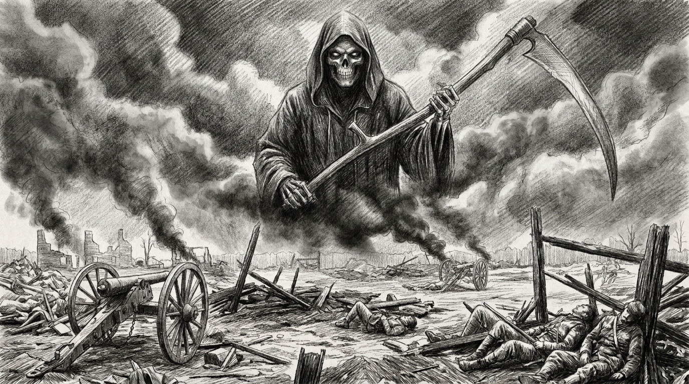 A detailed black-and-white illustration of the Grim Reaper with a skull face and hood, holding a large scythe, standing amidst a battlefield strewn with fallen soldiers, broken fences, and smoke from destroyed buildings.