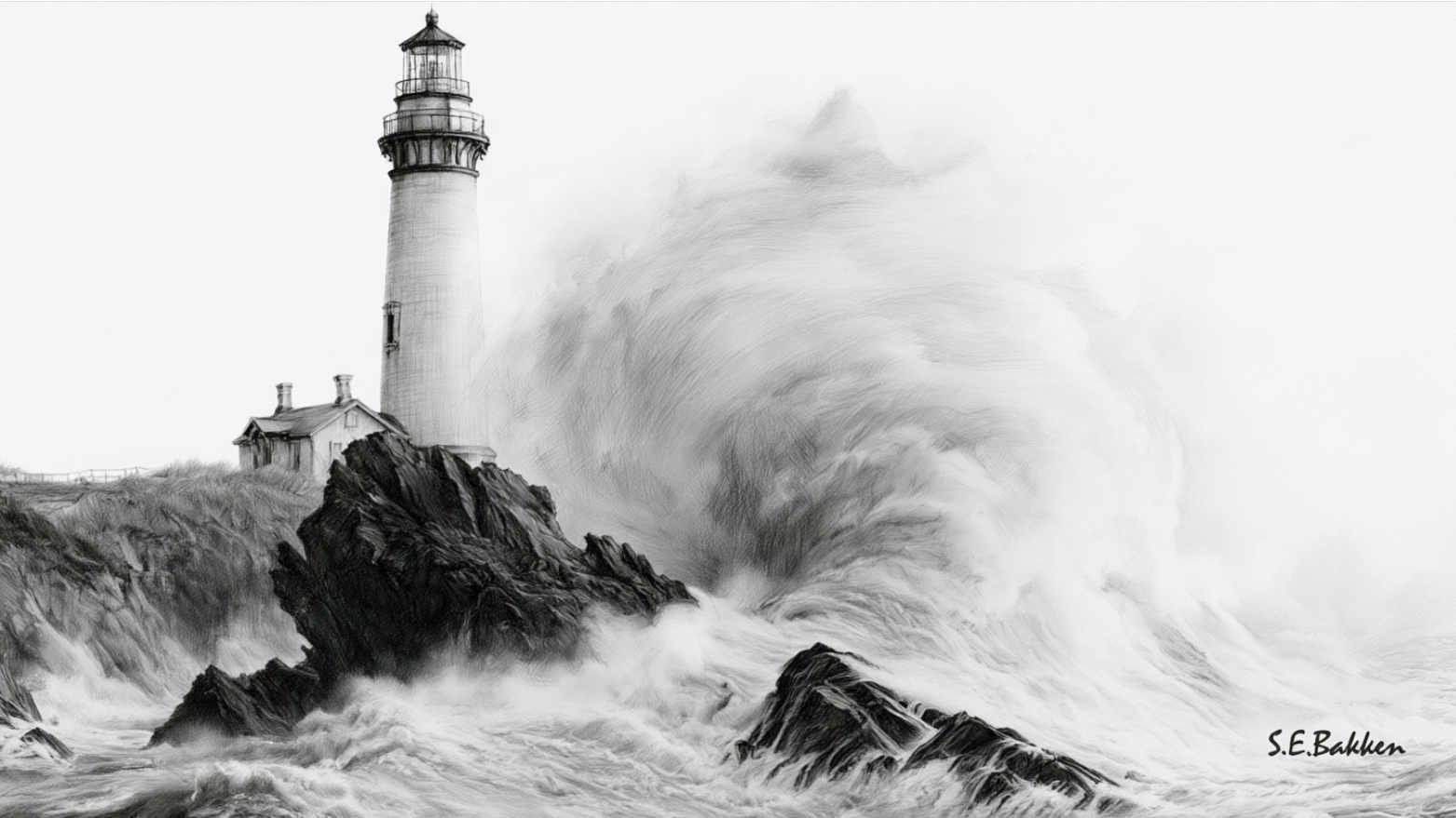 A black and white drawing of a lighthouse on a rocky coast, with large waves crashing against the rocks and the lighthouse, creating spray. The artist's signature, S.E. Bakker, is in the bottom right corner.