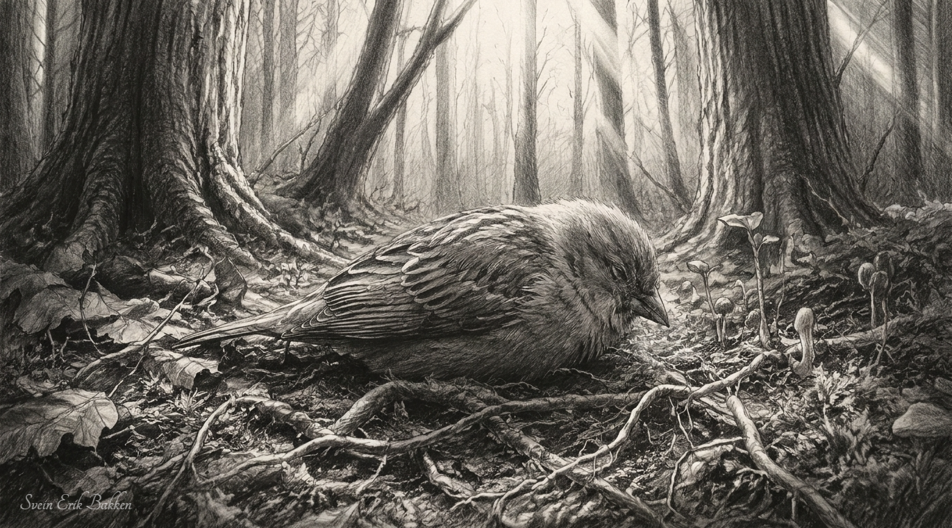 A detailed black and white drawing of a small bird on the forest floor surrounded by roots, leaves, and small plants, with tall trees in the background.