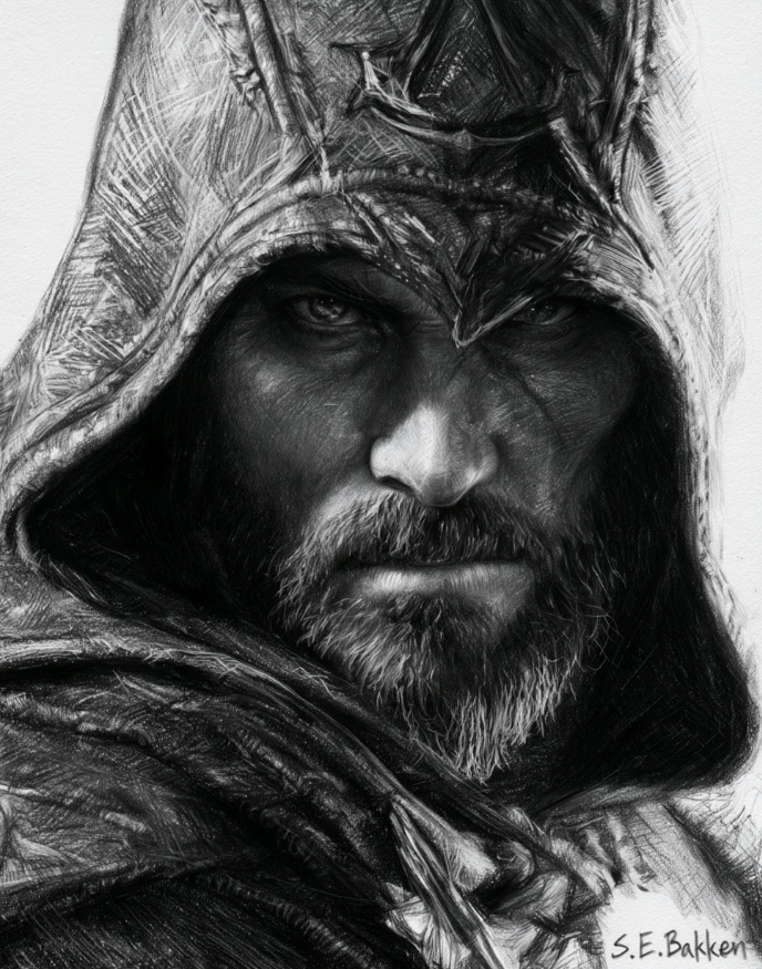 A highly detailed black and white portrait of a bearded man with intense eyes, wearing a hooded garment with a metallic helmet or adornment on his head.