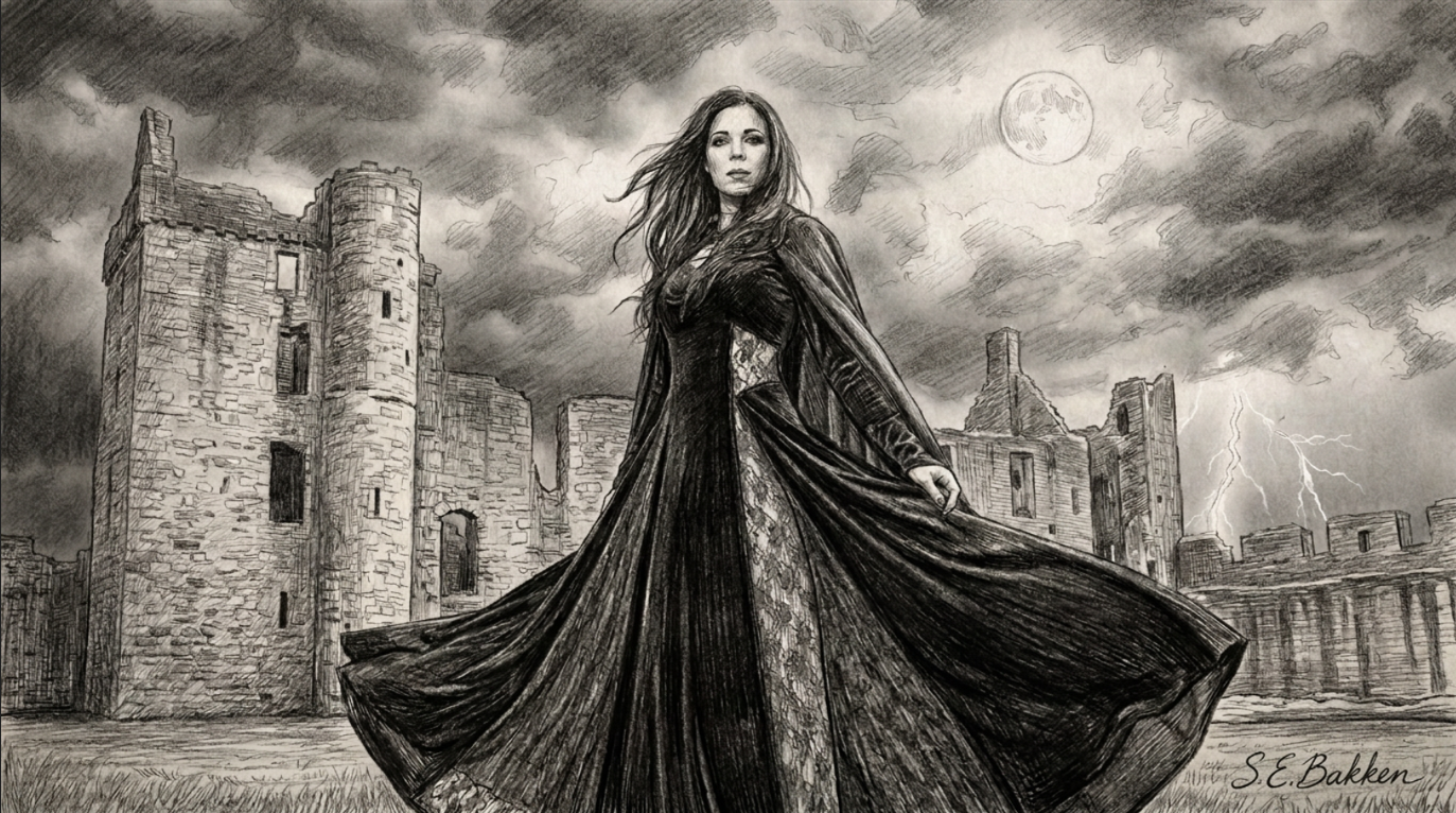 A black and white drawing of a woman in a flowing dress standing in front of a medieval castle under a dark, stormy sky with clouds, a full moon, and lightning.
