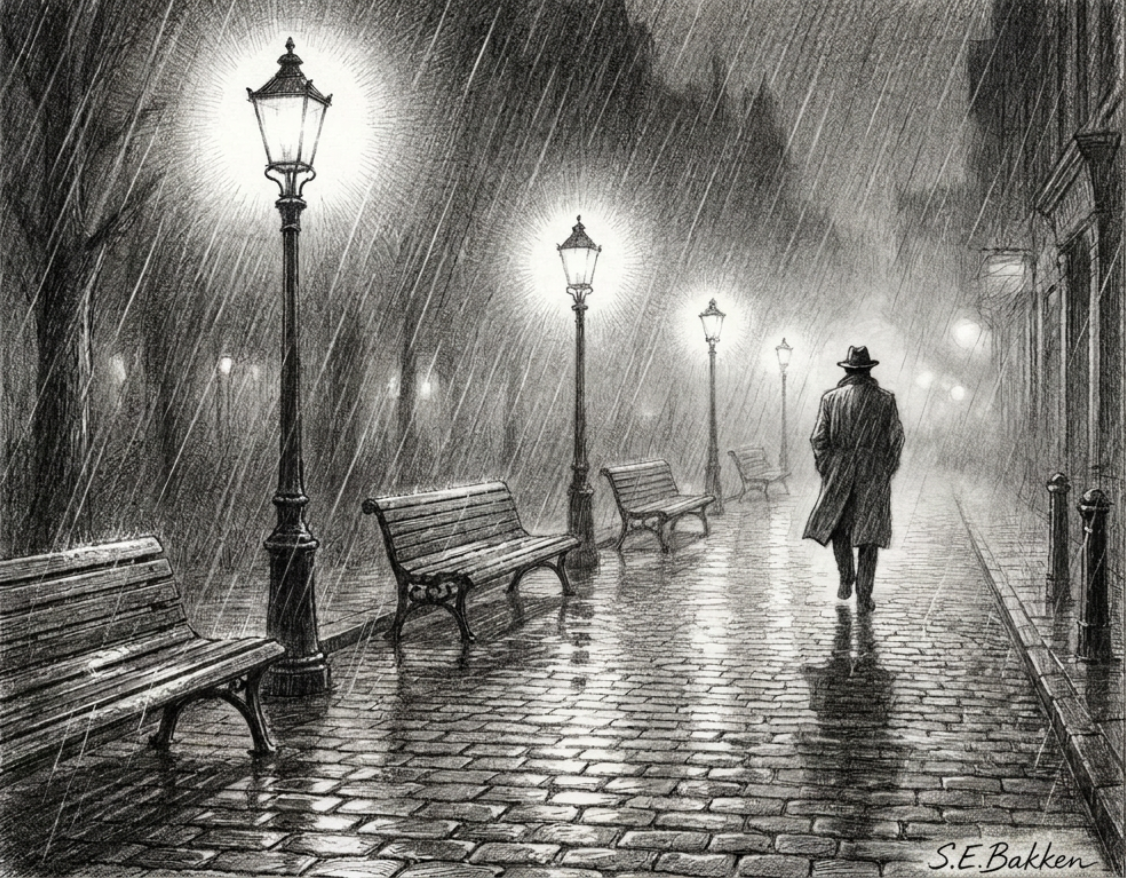 Black and white illustration of a person walking alone on a rainy night along a cobblestone street lined with benches and street lamps.