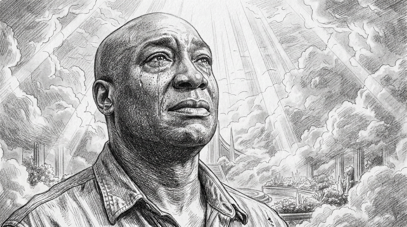 Drawing of a man with a somber expression, tears on his face, looking upward in a cloudy sky with beams of light and futuristic cityscape in the background.