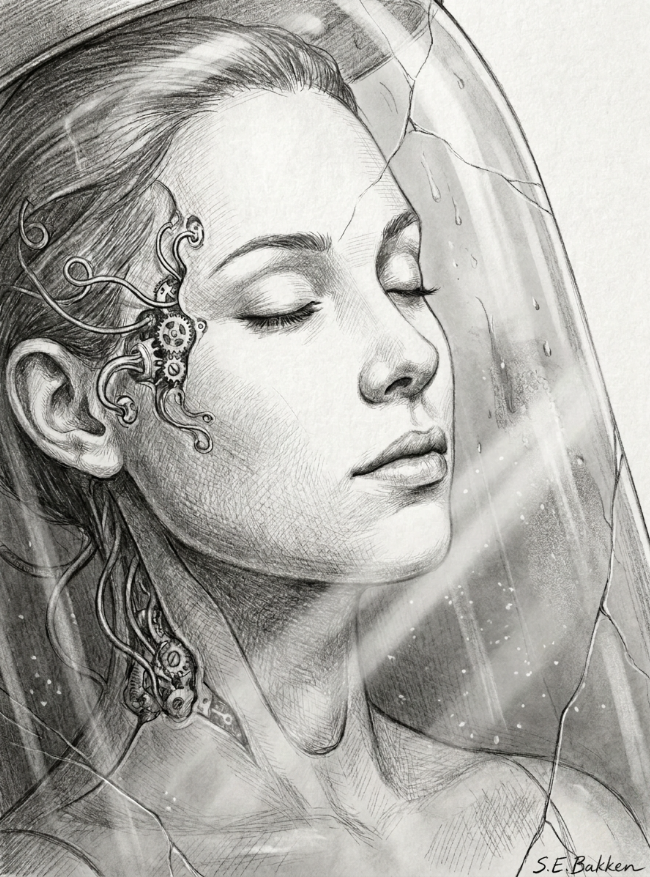 A detailed pencil drawing of a woman with her eyes closed, her head tilted back slightly, with mechanical and electronic elements integrated into her head, surrounded by a transparent dome or bubble, with light streaks and sparkles.