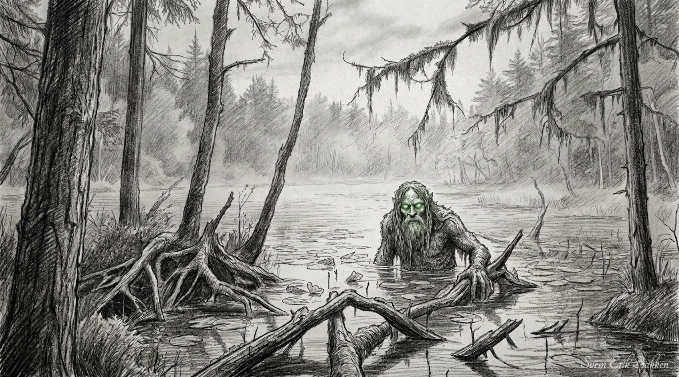 A detailed, black and white drawing of a swampy forest scene with a mysterious creature with glowing green eyes, long hair, and a beard, standing in the water among twisted roots and trees.