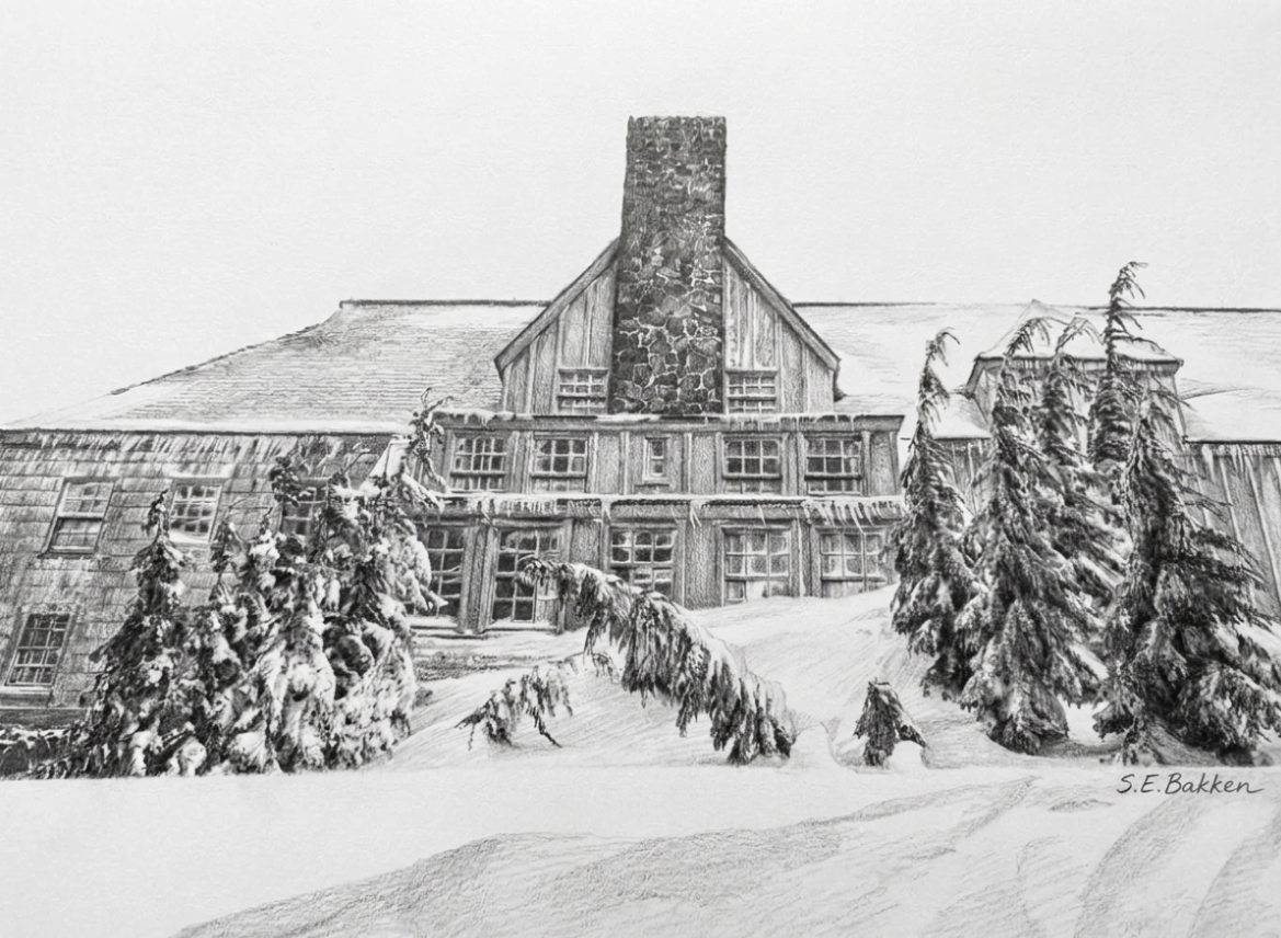 Black and white sketch of a large house with a stone chimney and multiple windows, surrounded by snow-covered trees and snow on the ground.