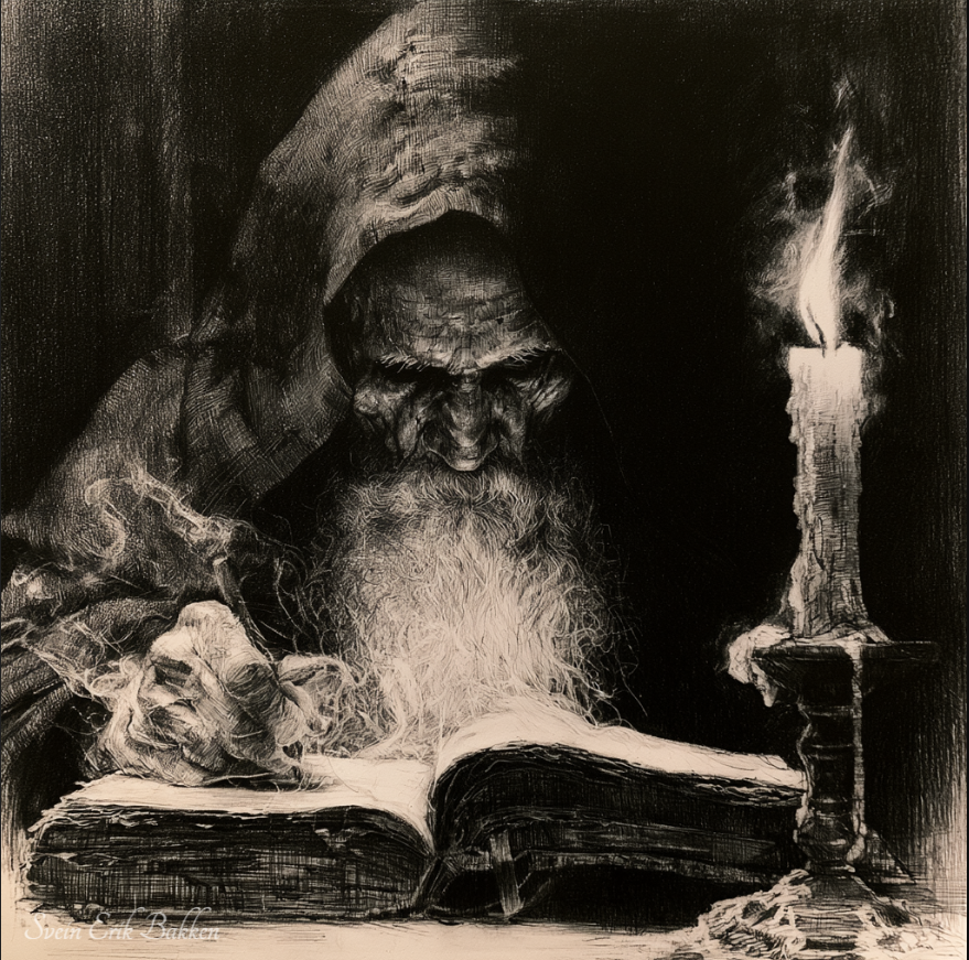 An elderly man with a long beard wearing a hood, writing in a large open book by candlelight.